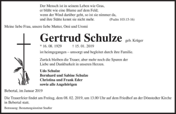 Traueranzeige von Gertrud Schulze (geb. Krüger)  von Magdeburger Volksstimme