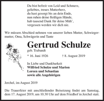 Traueranzeige von Gertrud Schulze (geb. Trabandt)  von Magdeburger Volksstimme