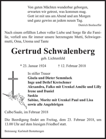 Traueranzeige von Gertrud Schwalenberg (geb. Lichtenfeld)  von Magdeburger Volksstimme