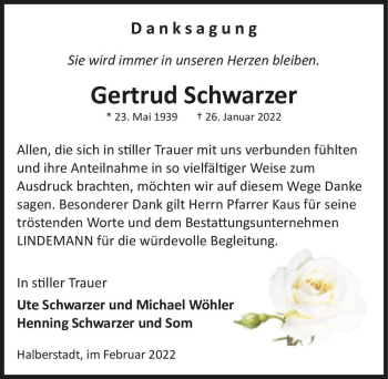 Traueranzeige von Gertrud Schwarzer  von Magdeburger Volksstimme