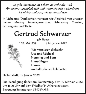 Traueranzeige von Gertrud Schwarzer (geb. Heuer)  von Magdeburger Volksstimme