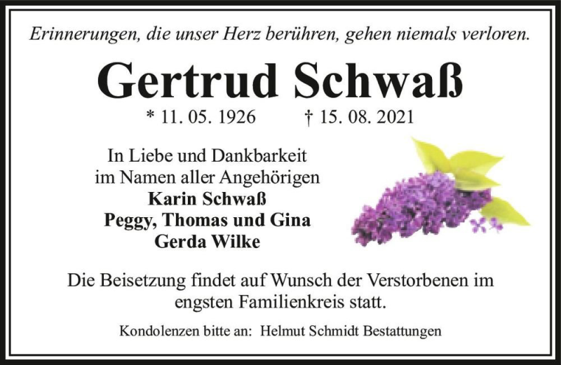  Traueranzeige für Gertrud Schwaß  vom 28.08.2021 aus Magdeburger Volksstimme