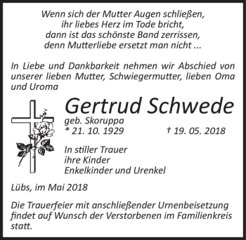 Traueranzeige von Gertrud Schwede (geb. Skoruppa)  von Magdeburger Volksstimme