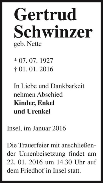 Traueranzeige von Gertrud Schwinzer (geb. Nette)  von Magdeburger Volksstimme