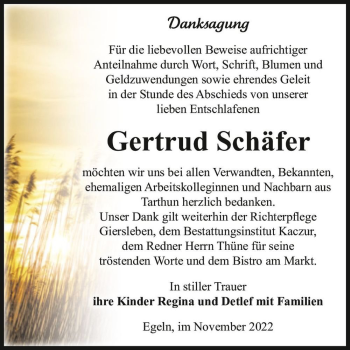Traueranzeige von Gertrud Schäfer  von Magdeburger Volksstimme