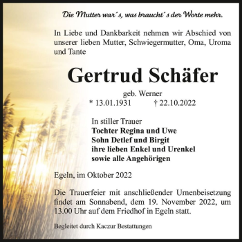 Traueranzeige von Gertrud Schäfer (geb. Werner)  von Magdeburger Volksstimme
