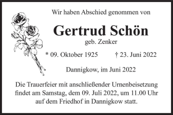 Traueranzeige von Gertrud Schön (geb. Zenker)  von Magdeburger Volksstimme