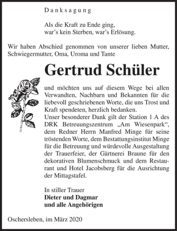 Traueranzeige von Gertrud Schüler  von Magdeburger Volksstimme