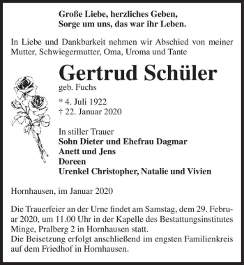 Traueranzeige von Gertrud Schüler (geb. Fuchs)  von Magdeburger Volksstimme