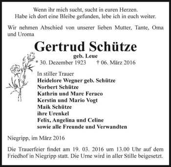 Traueranzeige von Gertrud Schütze (geb. Leue)  von Magdeburger Volksstimme