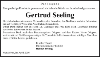 Traueranzeige von Gertrud Seeling  von Magdeburger Volksstimme