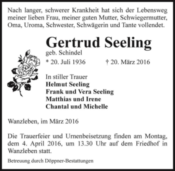 Traueranzeige von Gertrud Seeling (geb. Schindel)  von Magdeburger Volksstimme