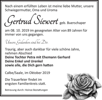 Traueranzeige von Gertrud Siewert (geb. Buerschaper)  von Magdeburger Volksstimme