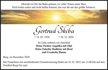 Traueranzeige von Gertrud Skiba  von Magdeburger Volksstimme