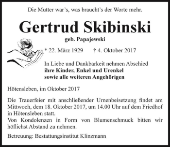 Traueranzeige von Gertrud Skibinski (geb. Papajewski)  von Magdeburger Volksstimme