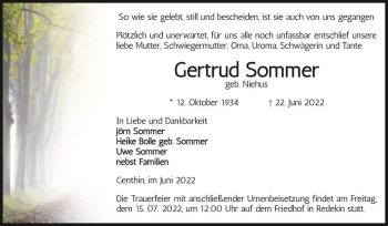 Traueranzeige von Gertrud Sommer (geb. Niehus)  von Magdeburger Volksstimme