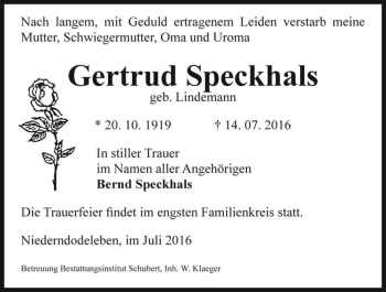 Traueranzeige von Gertrud Speckhals (geb. Lindemann)  von Magdeburger Volksstimme