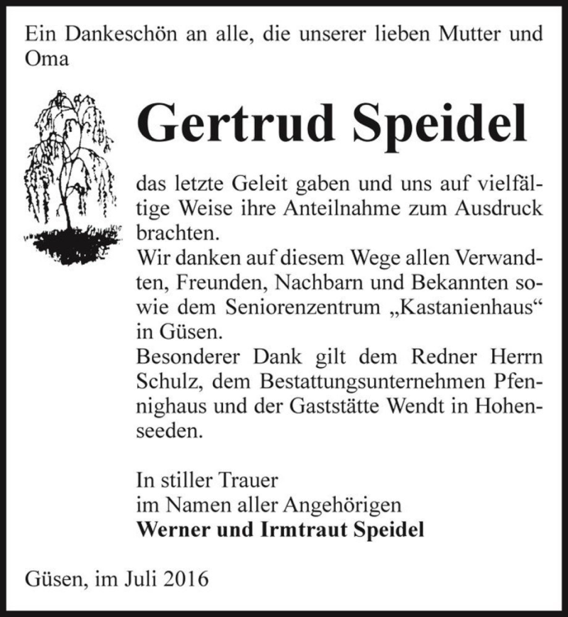  Traueranzeige für Gertrud Speidel  vom 30.07.2016 aus Magdeburger Volksstimme