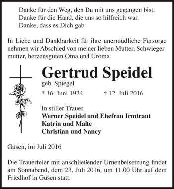 Traueranzeige von Gertrud Speidel (geb. Spiegel)  von Magdeburger Volksstimme