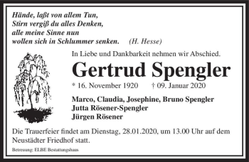 Traueranzeige von Gertrud Spengler  von Magdeburger Volksstimme