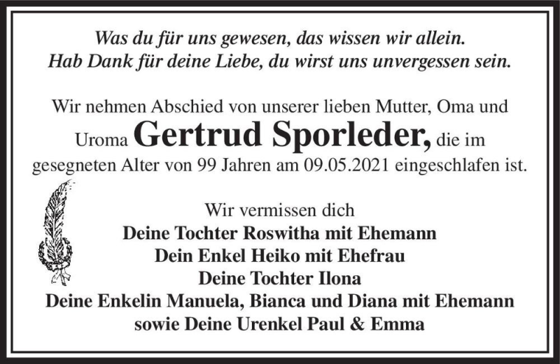  Traueranzeige für Gertrud Sporleder  vom 31.07.2021 aus Magdeburger Volksstimme