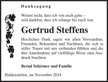 Traueranzeige von Gertrud Steffens  von Magdeburger Volksstimme