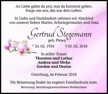 Traueranzeige von Gertrud Stegemann (geb. Plewa)  von Magdeburger Volksstimme