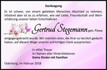 Traueranzeige von Gertrud Stegemann (geb. Plewa)  von Magdeburger Volksstimme
