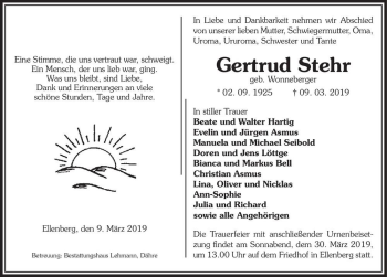 Traueranzeige von Gertrud Stehr (geb. Wonneberger)  von Magdeburger Volksstimme
