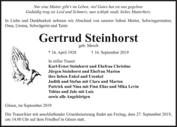 Traueranzeige von Gertrud Steinhorst (geb. Mroch)  von Magdeburger Volksstimme