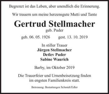 Traueranzeige von Gertrud Stellmacher (geb. Puder)  von Magdeburger Volksstimme