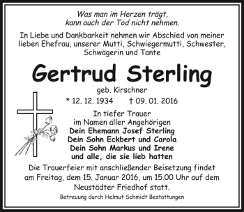 Traueranzeige von Gertrud Sterling (geb. Kirschner)  von Magdeburger Volksstimme