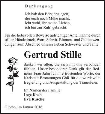 Traueranzeige von Gertrud Stille  von Magdeburger Volksstimme
