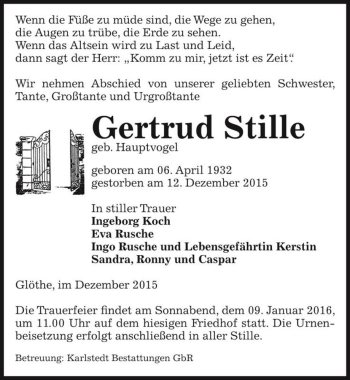 Traueranzeige von Gertrud Stille (geb. Hauptvogel)  von Magdeburger Volksstimme