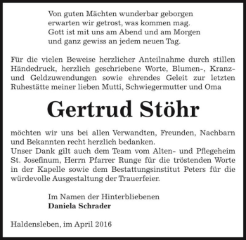 Traueranzeige von Gertrud Stöhr  von Magdeburger Volksstimme