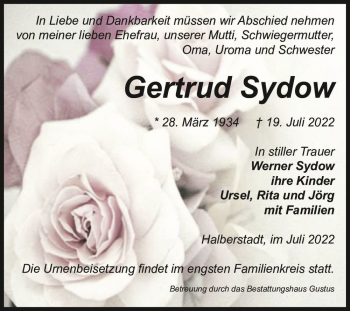 Traueranzeige von Gertrud Sydow  von Magdeburger Volksstimme