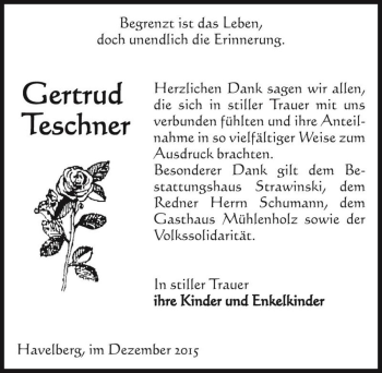 Traueranzeige von Gertrud Teschner  von Magdeburger Volksstimme