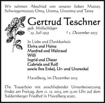 Traueranzeige von Gertrud Teschner (geb. Wollschläger)  von Magdeburger Volksstimme
