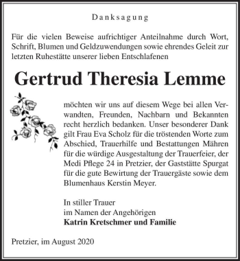 Traueranzeige von Gertrud Theresia Lemme  von Magdeburger Volksstimme