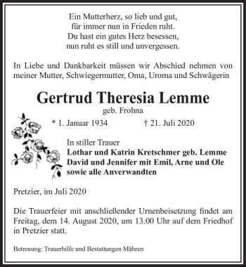 Traueranzeige von Gertrud Theresia Lemme (geb. Frohna)  von Magdeburger Volksstimme