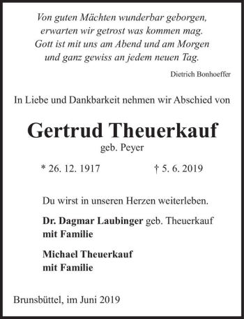 Traueranzeige von Gertrud Theuerkauf (geb. Peyer)  von Magdeburger Volksstimme