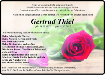 Traueranzeige von Gertrud Thiel  von Magdeburger Volksstimme