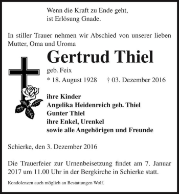 Traueranzeige von Gertrud Thiel (geb. Feix)  von Magdeburger Volksstimme