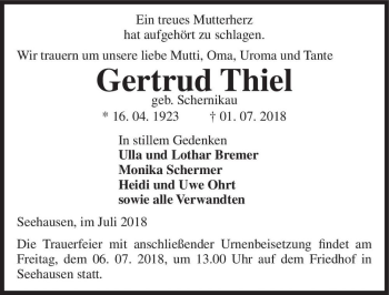 Traueranzeige von Gertrud Thiel (geb. Schernikau)  von Magdeburger Volksstimme