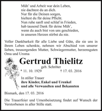 Traueranzeige von Gertrud Thielitz (geb. Schröter)  von Magdeburger Volksstimme