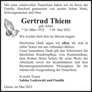 Traueranzeige von Gertrud Thiem (geb. Klein)  von Magdeburger Volksstimme