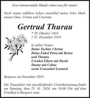 Traueranzeige von Gertrud Thurau  von Magdeburger Volksstimme
