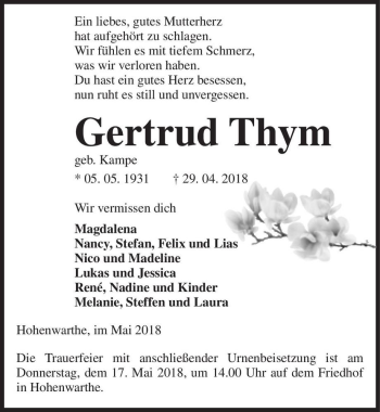 Traueranzeige von Gertrud Thym (geb. Kampe)  von Magdeburger Volksstimme