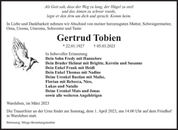 Traueranzeige von Gertrud Tobien  von Magdeburger Volksstimme