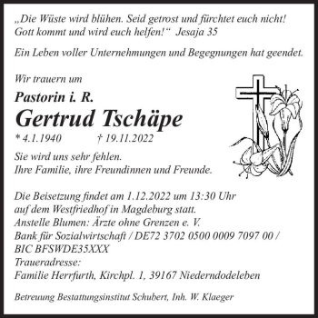 Traueranzeige von Gertrud Tschäpe  von Magdeburger Volksstimme